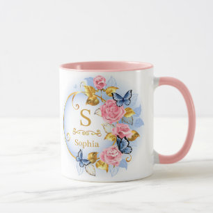 Elegant Initial Floral Butterfly Monogram and Name Mug