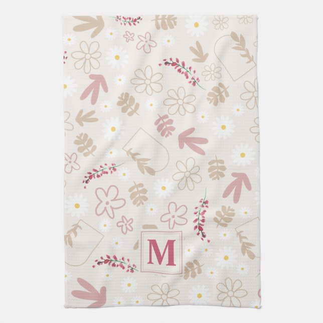 Elegant initial floral pastel monogram pink modern kitchen towel (Vertical)