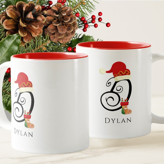 Elegant Initial Modern Script Letter D Christmas Two-Tone Coffee Mug (Creator Uploaded)