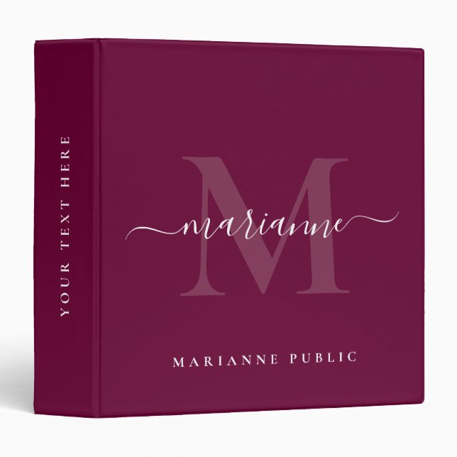 Elegant Initial Monogram Burgundy Red & Gold Text Binder (Front/Spine)