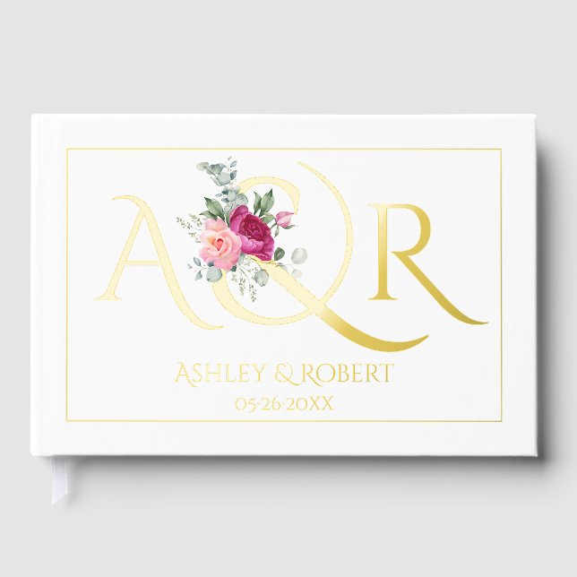 Elegant initials and pink roses wedding foil guest book (Front)