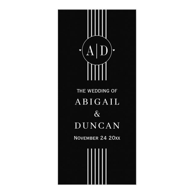 Elegant initials and stripes black wedding program (Front)