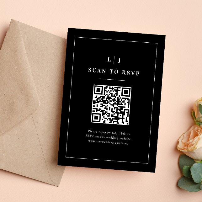 Elegant Initials Black and White Wedding QR Code RSVP Card (Creator Uploaded)
