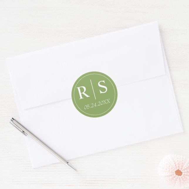 Elegant initials green wedding classic round classic round sticker (Envelope)