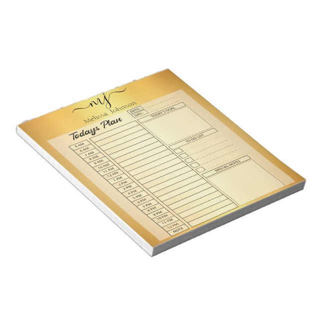 Elegant initials on gold  daily planner sheets notepad (Angled)
