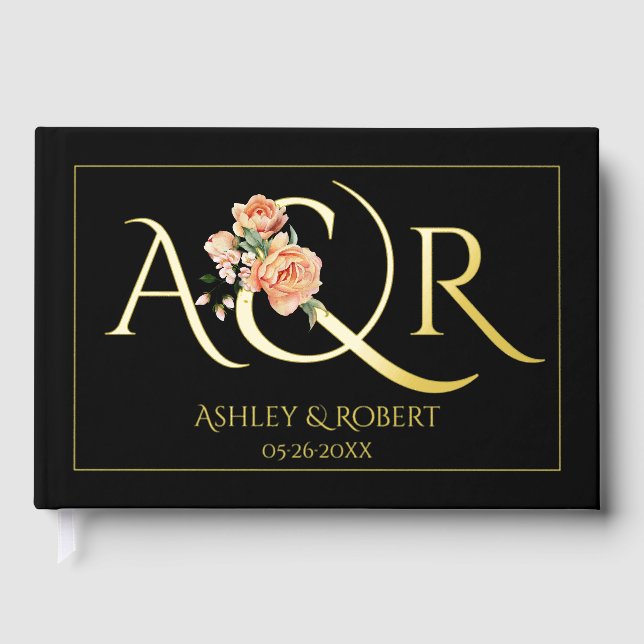 Elegant initials, peach roses wedding black foil guest book (Front)