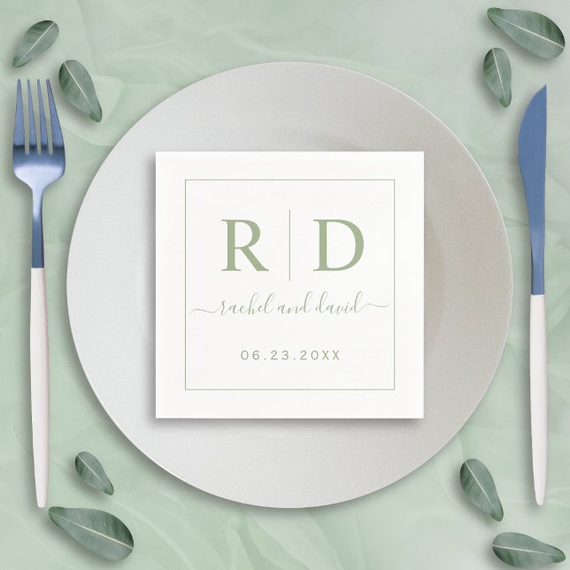 Elegant initials sage green monochrome wedding napkin (Creator Uploaded)