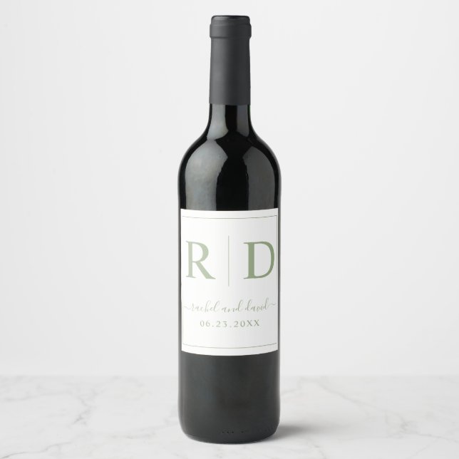 Elegant initials sage green monochrome wedding wine label (Front)
