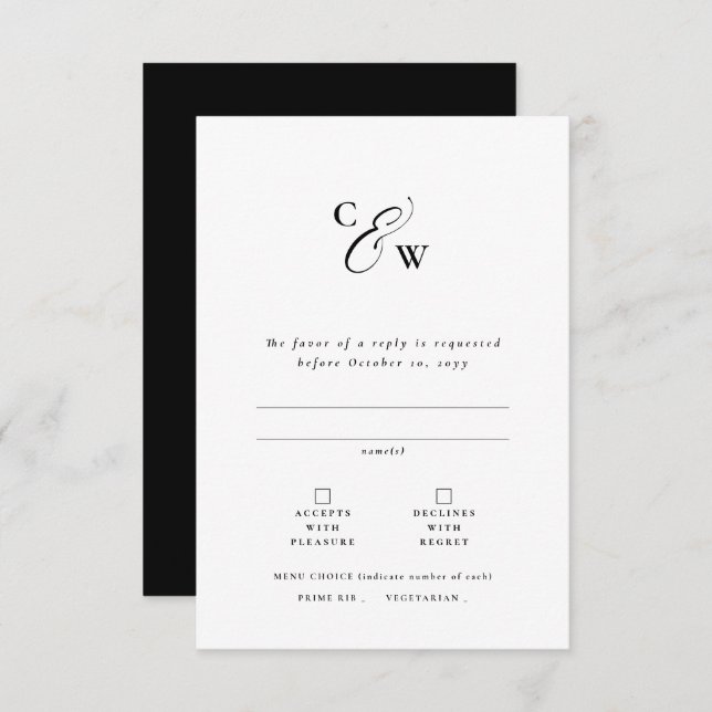 Elegant initials simple black and white RSVP card (Front/Back)