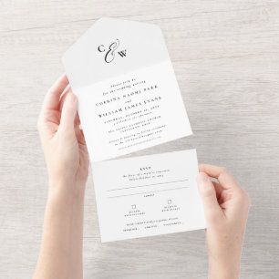 Elegant initials simple black and white wedding all in one invitation
