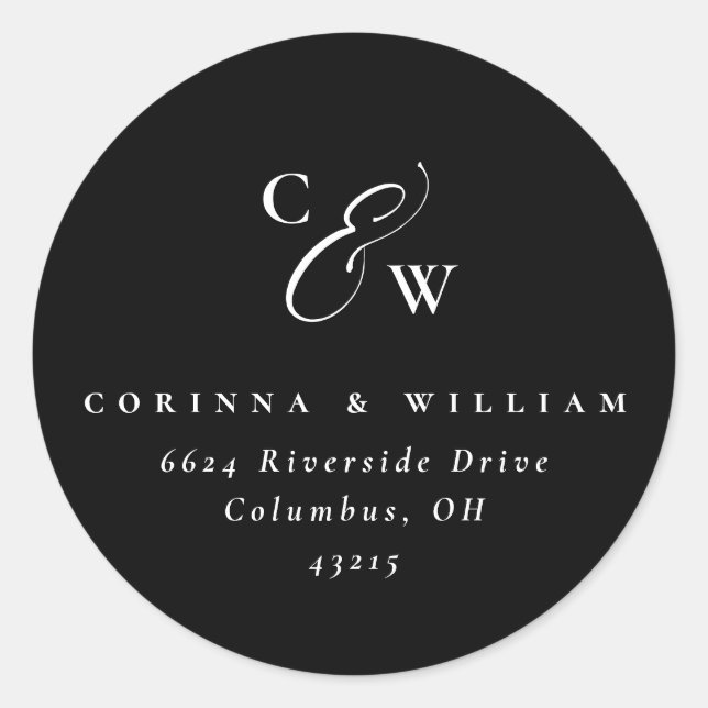 Elegant initials simple black and white wedding cl classic round sticker (Front)