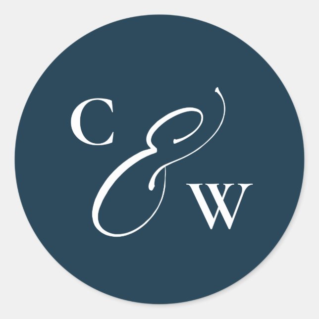 Elegant initials simple navy blue white wedding classic round sticker (Front)