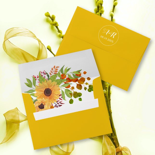 Elegant initials yellow sunflowers fall wedding envelope (Creator Uploaded)