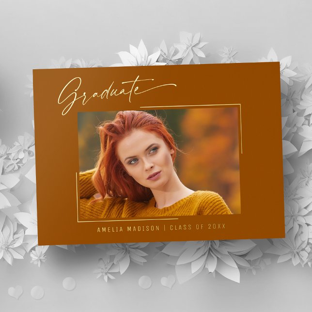 Elegant Ink Script Photo Grad Burnt Orange Card (Creator Uploaded)