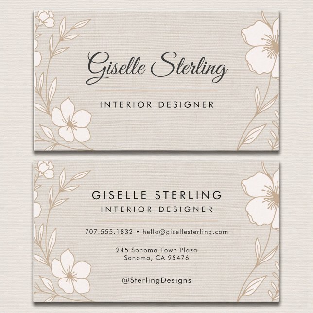 Elegant Interior Designer Botanical Floral Linen Business Card (Creator Uploaded)