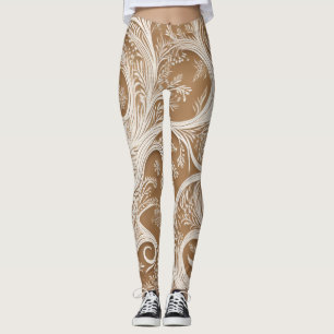 Elegant Intricate White Design on Tan Leggings 