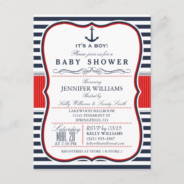 Élégant Invitation Baby shower nautique; Marine et (Devant)