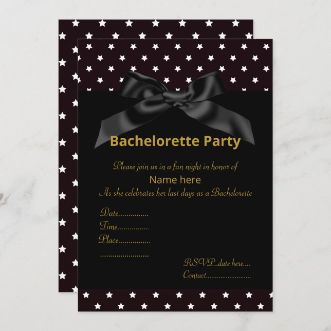 ÉLÉGANT INVITATION BACHELORETTE BLANC BLACK BOW (Devant / Derrière)