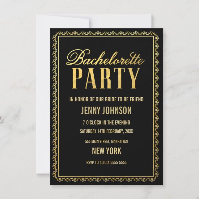 Élégant Invitation Black Gold Bachelorette Party (Devant)