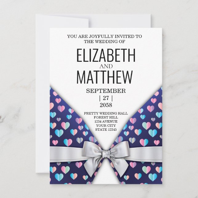 Elegant Invitation Bow and Heart Speckles (Front)