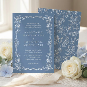 Élégant Invitation de Mariage Floral Bleu Poussiér