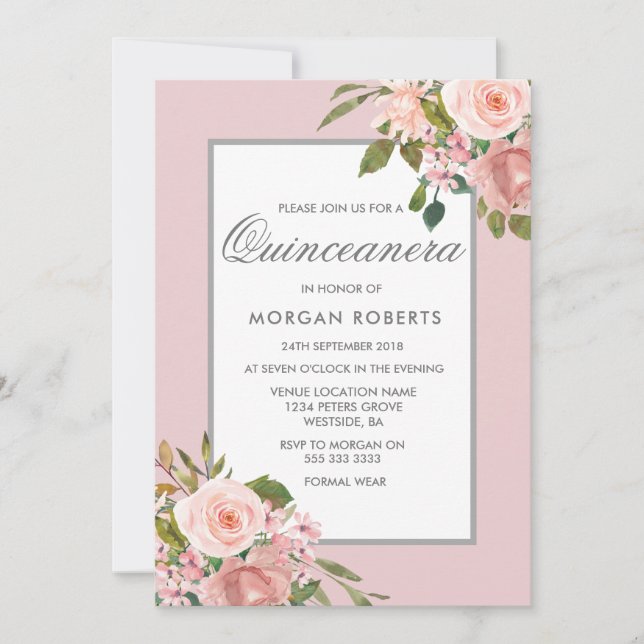 Élégant Invitation de Quinceanera or rose (Devant)