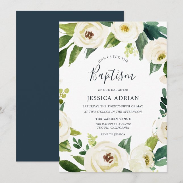 Élégant Invitation Floral Wreath Baptism (Devant / Derrière)