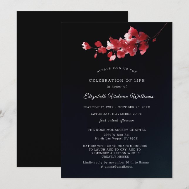 Élégant Invitation Memorial noir et rouge floral  (Devant / Derrière)