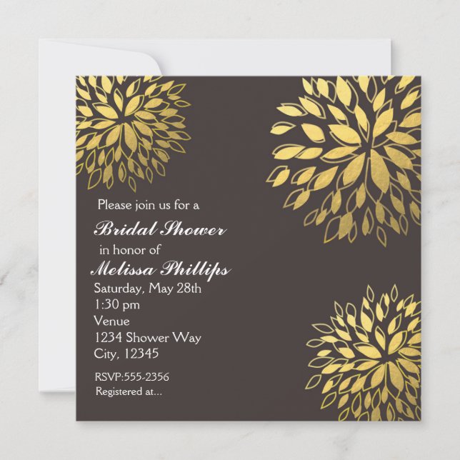 Élégant Invitation moderne Gold Foil Floral Grey (Devant)
