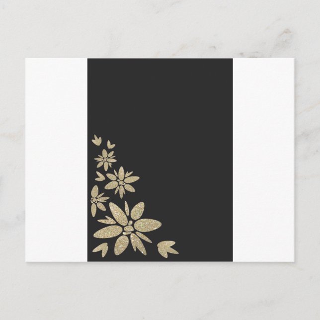Élégant invitation noir blanc avec fleurs d'or (Devant)