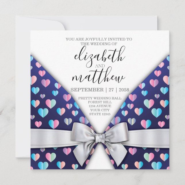 Elegant Invitation Postcard Bow and Heart Speckles (Front)