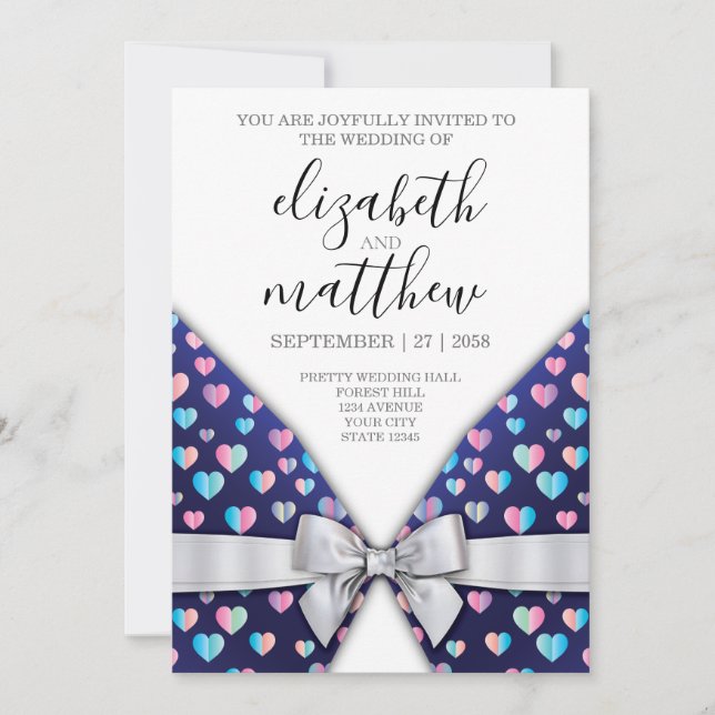 Elegant Invitation Postcard Bow and Heart Speckles (Front)