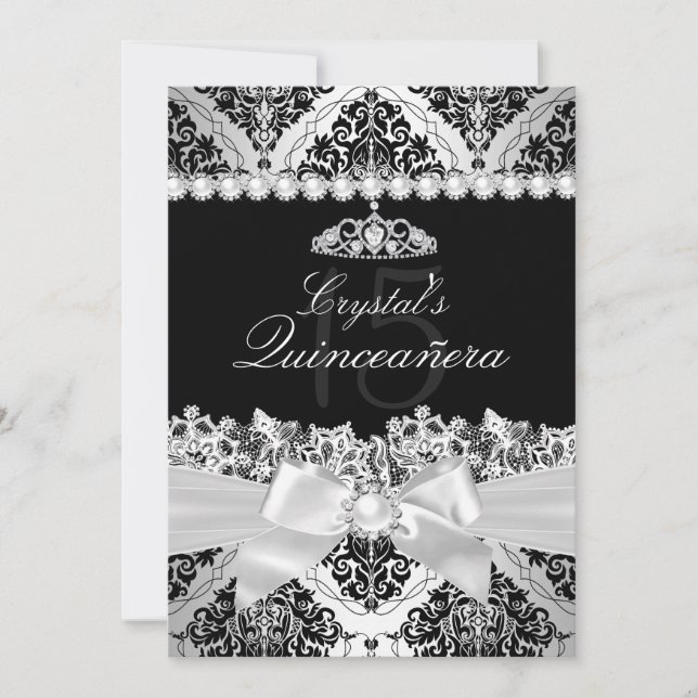 Élégant Invitation Silver Damask & Bow Quinceanera (Devant)