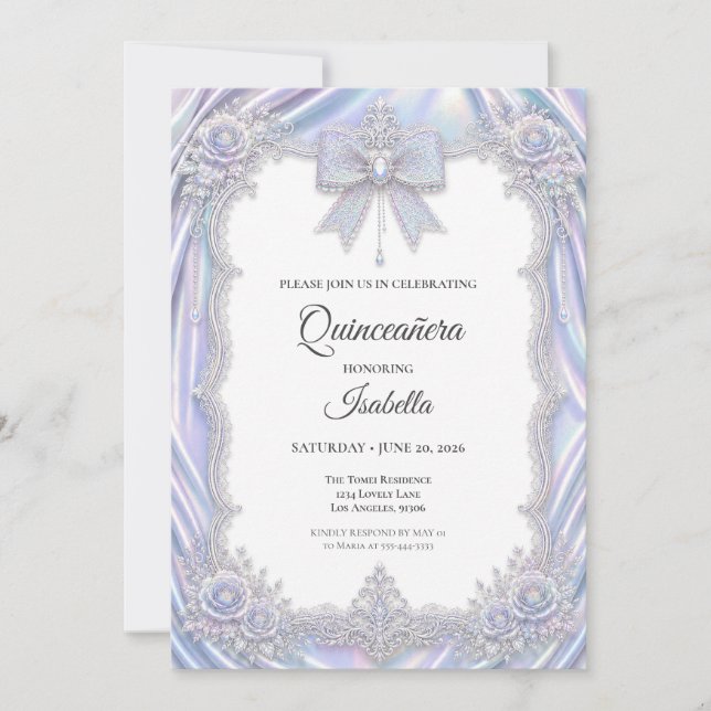 Elegant Iridescent Bow Quinceañera Invitation (Front)