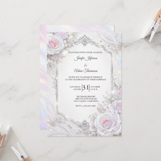 Elegant Iridescent Floral Wedding Invitation (Front/Back In Situ)
