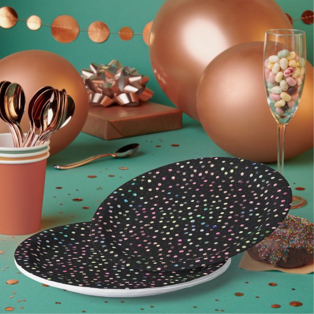 Elegant Iridescent Glitter Dots Black Design Paper Plate (Multi)