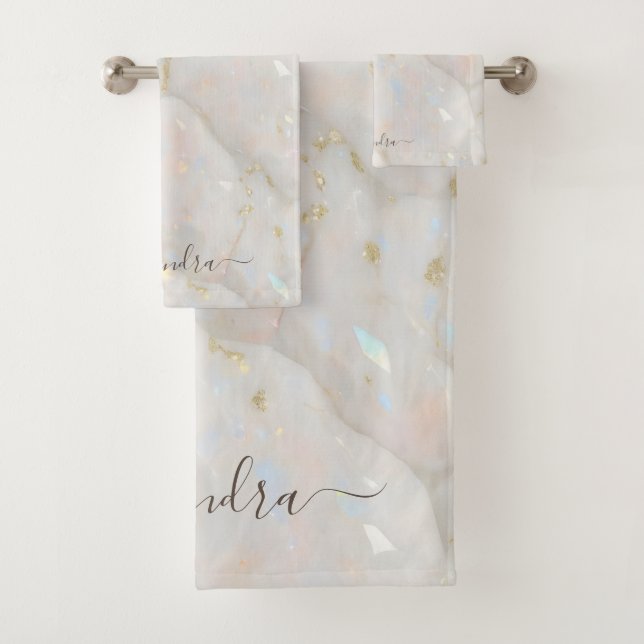 Elegant Iridescent Opal Gemstone Marble Chic Bath Towel Set (Insitu)