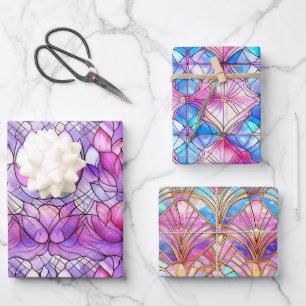 Elegant Iridescent Pink Faux Stained Glass Pattern Wrapping Paper Sheet
