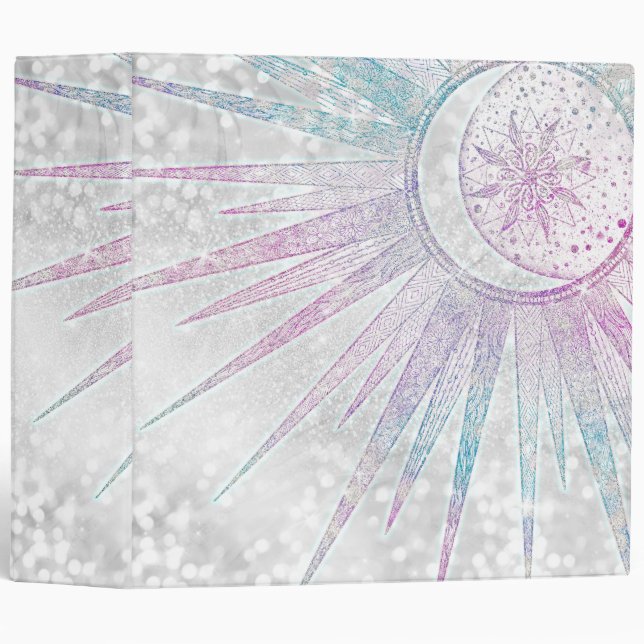 Elegant Iridescent Sun Moon Mandala Silver Design Binder (Front/Spine)