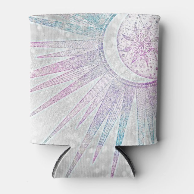 Elegant Iridescent Sun Moon Mandala Silver Design Can Cooler (Front)
