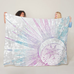 Elegant Iridescent Sun Moon Mandala Silver Design Fleece Blanket