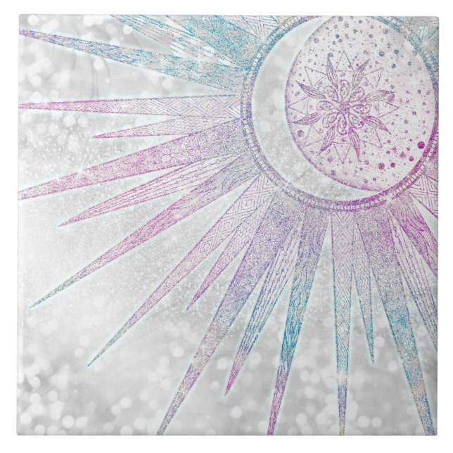 Elegant Iridescent Sun Moon Mandala Silver Design Tile (Front)