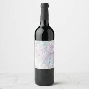 Elegant Iridescent Sun Moon Mandala Silver Design Wine Label
