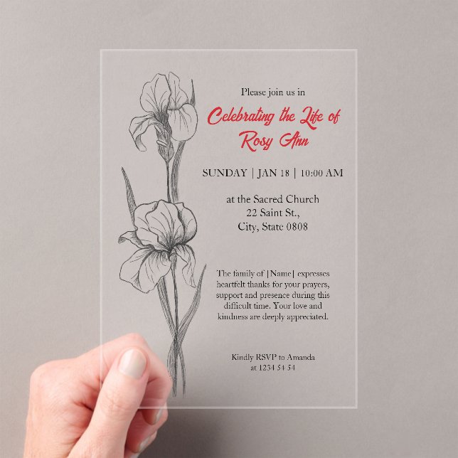 Elegant Iris "Celebrating the Life" Funeral Acrylic Invitations (Insitu (Handheld))