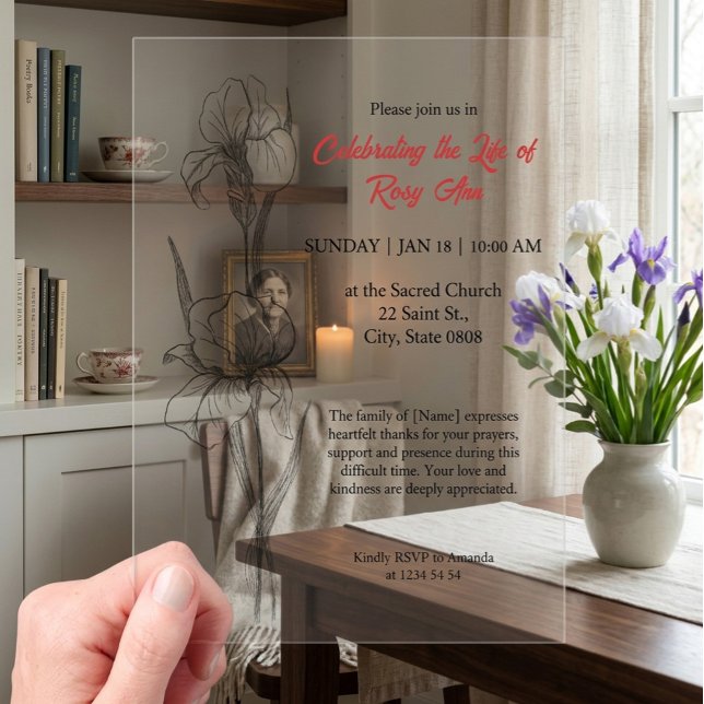 Elegant Iris "Celebrating the Life" Funeral Acrylic Invitations (Creator Uploaded)