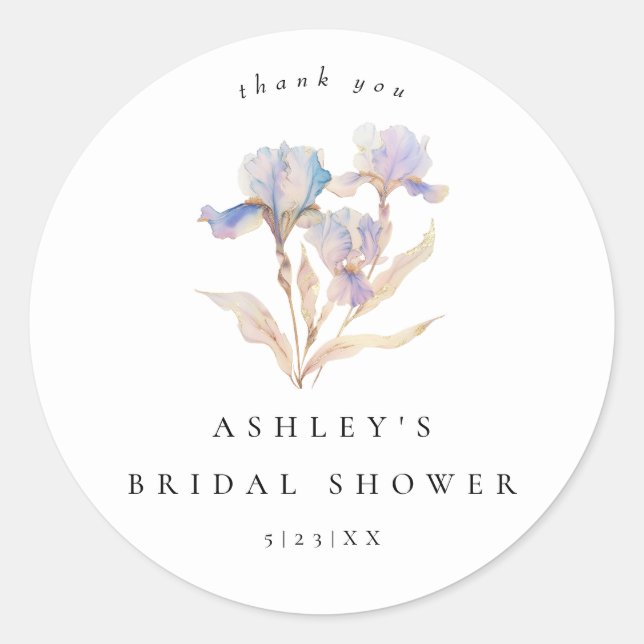 Elegant Iris Floral Bridal Shower Classic Round Sticker (Front)