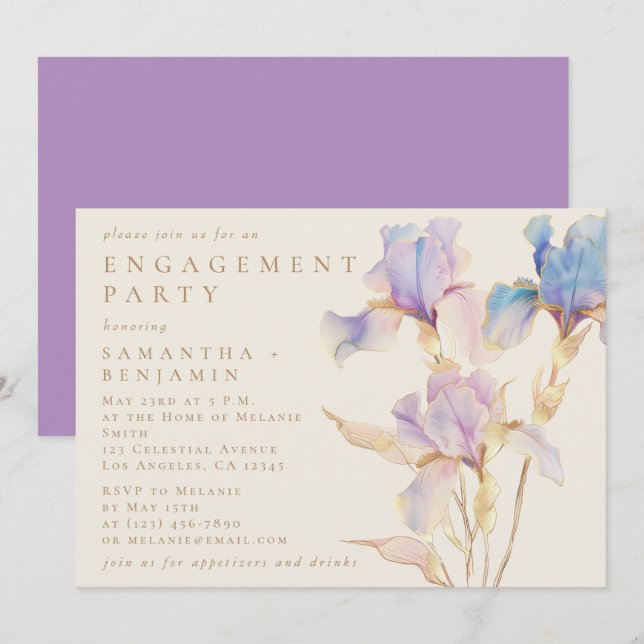 Elegant Iris Floral Engagement Party Invitation (Front/Back)