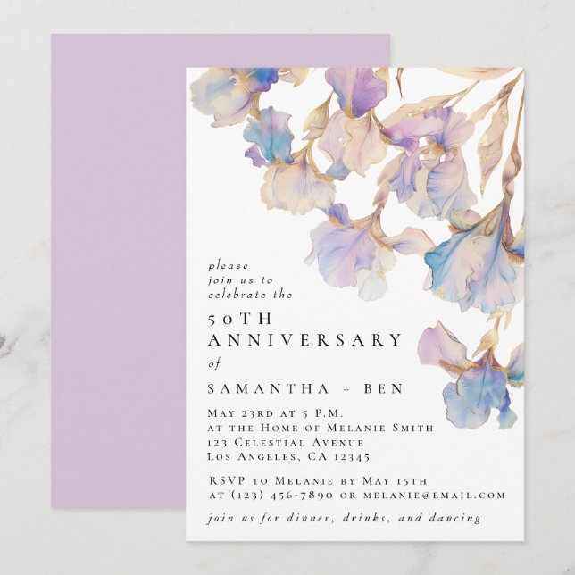 Elegant Iris Floral Watercolor Anniversary Party Invitation (Front/Back)