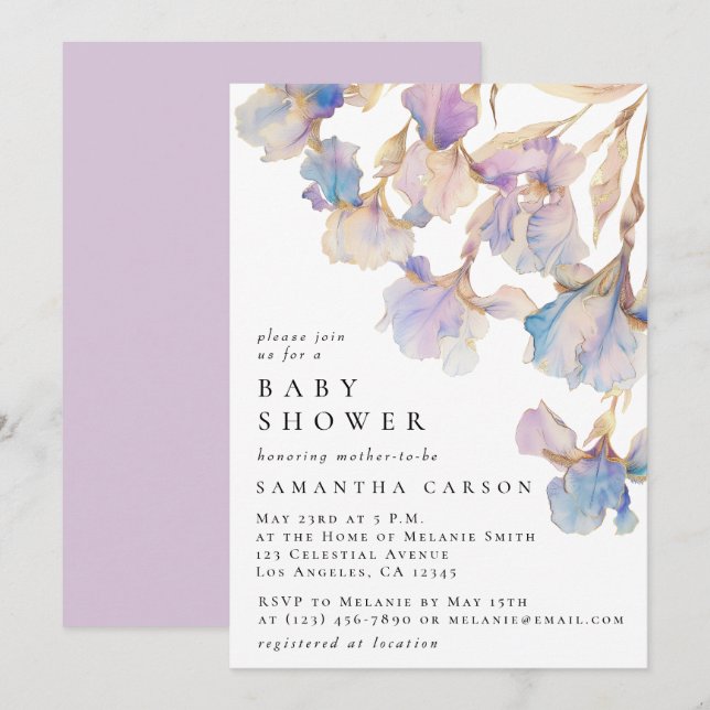 Elegant Iris Floral Watercolor Baby Shower Invitation (Front/Back)