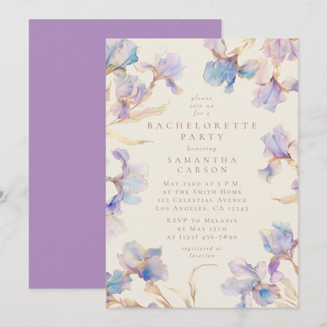 Elegant Iris Floral Watercolor Bachelorette Party Invitation (Front/Back)
